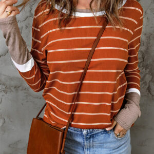 Brown Extend Color Block Cuffs Rib Knit Striped Pullover