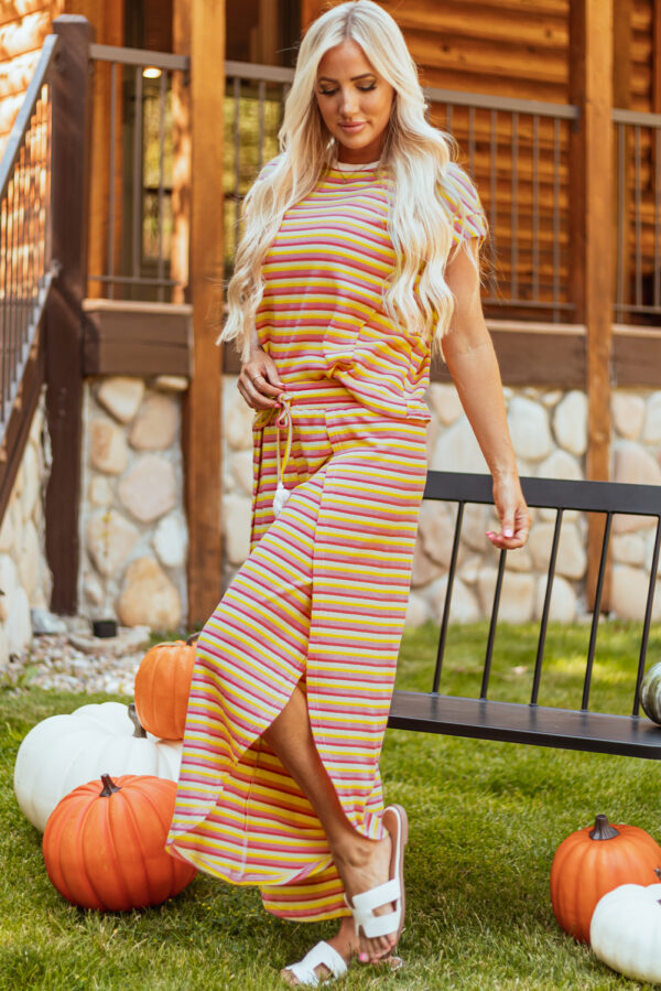 Pink Stripe Rainbow Tee Tasseled String Wide Leg Pants Set - Image 47