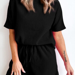 Black Casual Textured Tee and Drawstring Shorts Set