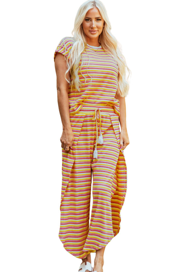 Pink Stripe Rainbow Tee Tasseled String Wide Leg Pants Set - Image 49