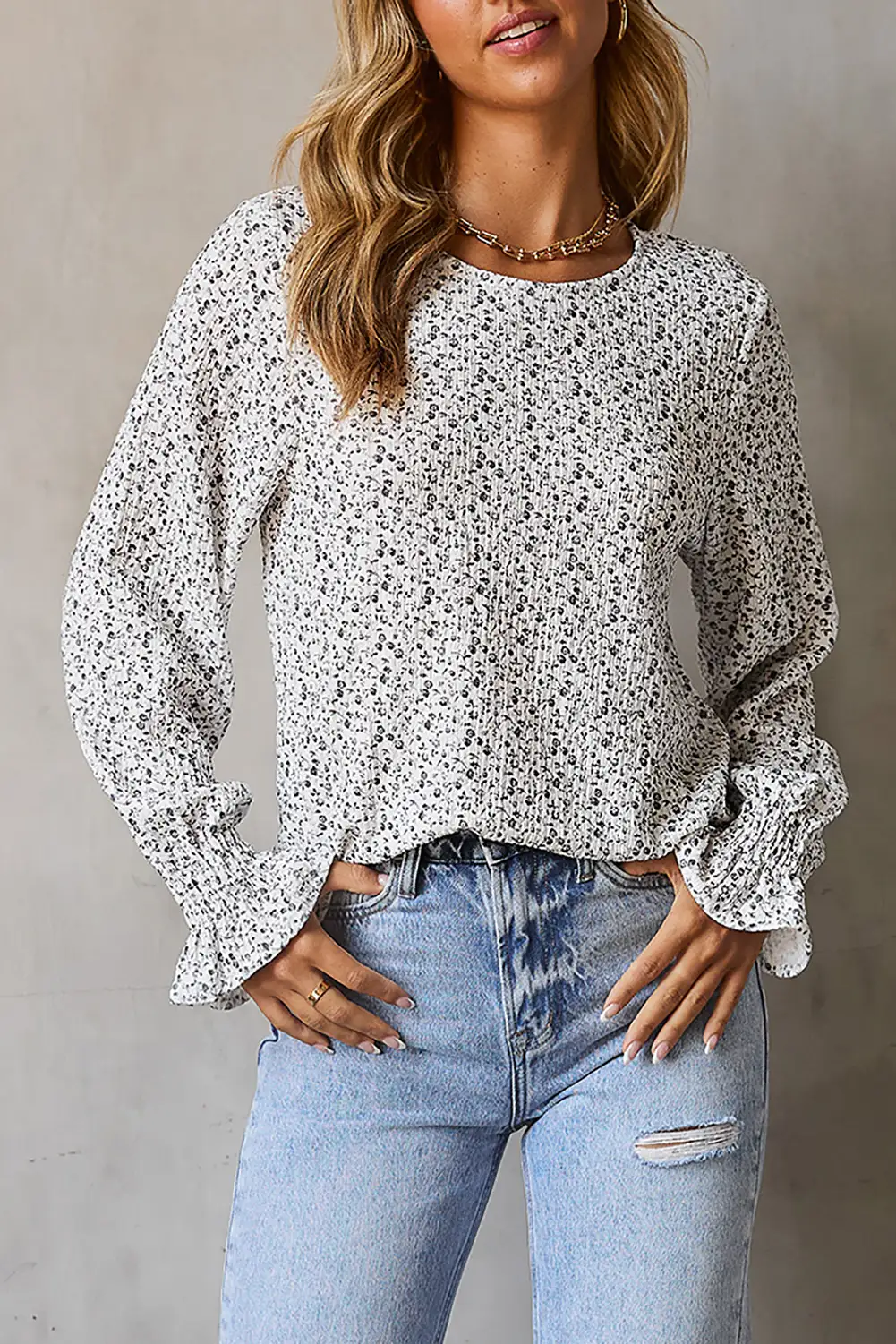 Floral Print Bubble Sleeve V Neck Peplum Blouse