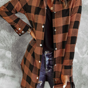 Brown Turn-down Collar Plaid Shirt Coat