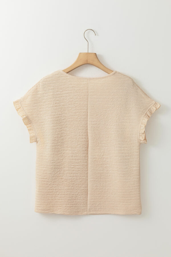 Light Pink Solid Textured Ruffled Short Sleeve Blouse - Image 32