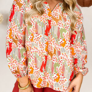 Orange Printed Split V Neck Puff Sleeve Blouse
