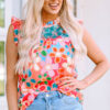 Pink Embroidered Detail Floral Print Ruffle Trim Tank Top - Image 5