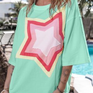 Moonlight Jade Colorblock Star Patched Half Sleeve Oversized Tee