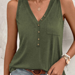 Jungle Green Half Button V Neck Patched Pocket Tank Top