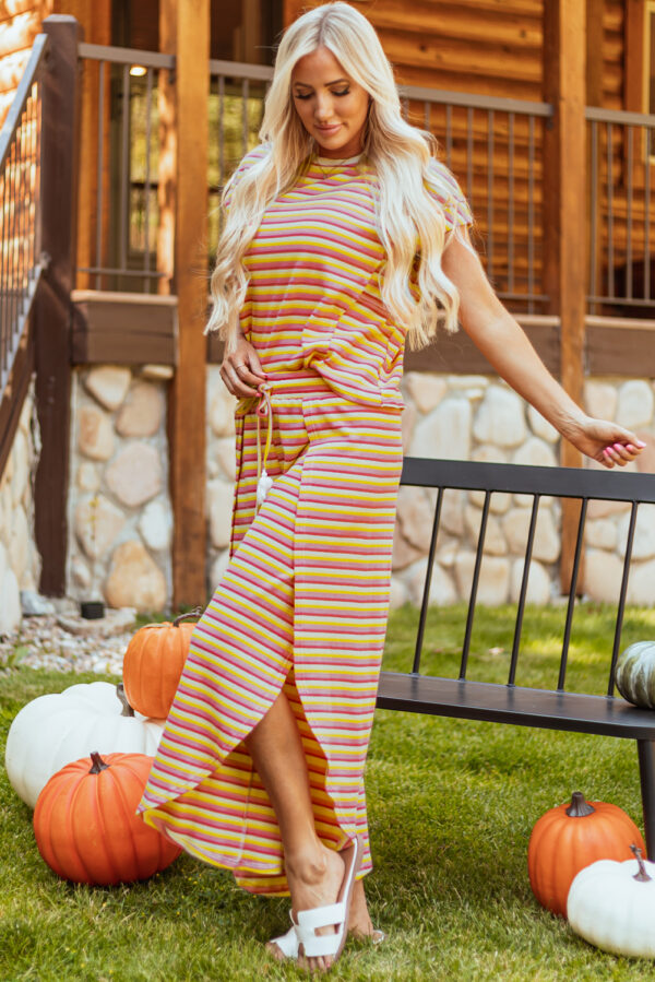 Pink Stripe Rainbow Tee Tasseled String Wide Leg Pants Set - Image 46