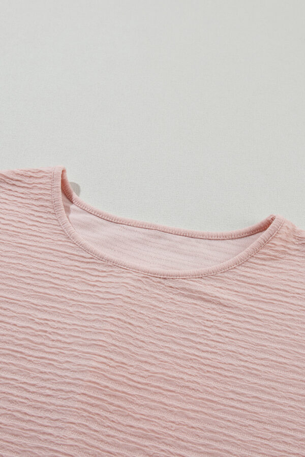 Light Pink Solid Textured Ruffled Short Sleeve Blouse - Image 22