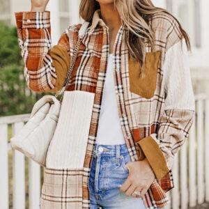 Orange Plaid Color Block Patchwork Shirt Jacket with Pocket