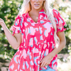 Rose Abstract Print Smocked Puff Sleeve V Neck Blouse