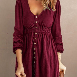 Fiery Red Button Up High Waist Long Sleeve Dress