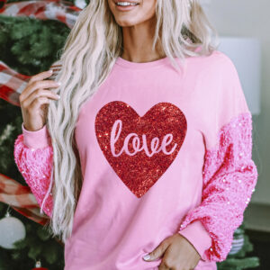 Pink Shiny Heart Shape love Print Sequined Sleeve Sweatshirt