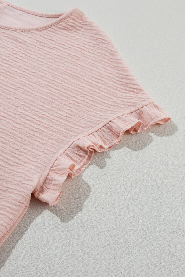 Light Pink Solid Textured Ruffled Short Sleeve Blouse - Image 23