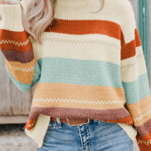 Crew Neck Drop-shoulder Striped Color Block Sweater