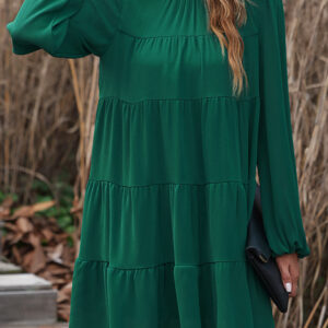 Green Puff Sleeve Mock Neck Back Knot Tiered Dress
