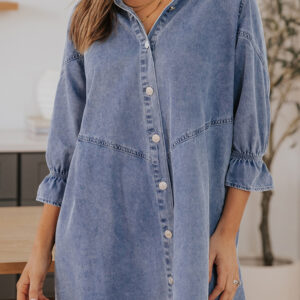 Sky Blue Buttoned Long Sleeve Denim Mini Dress
