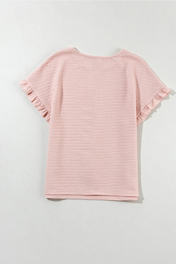Light Pink Solid Textured Ruffled Short Sleeve Blouse - Image 21