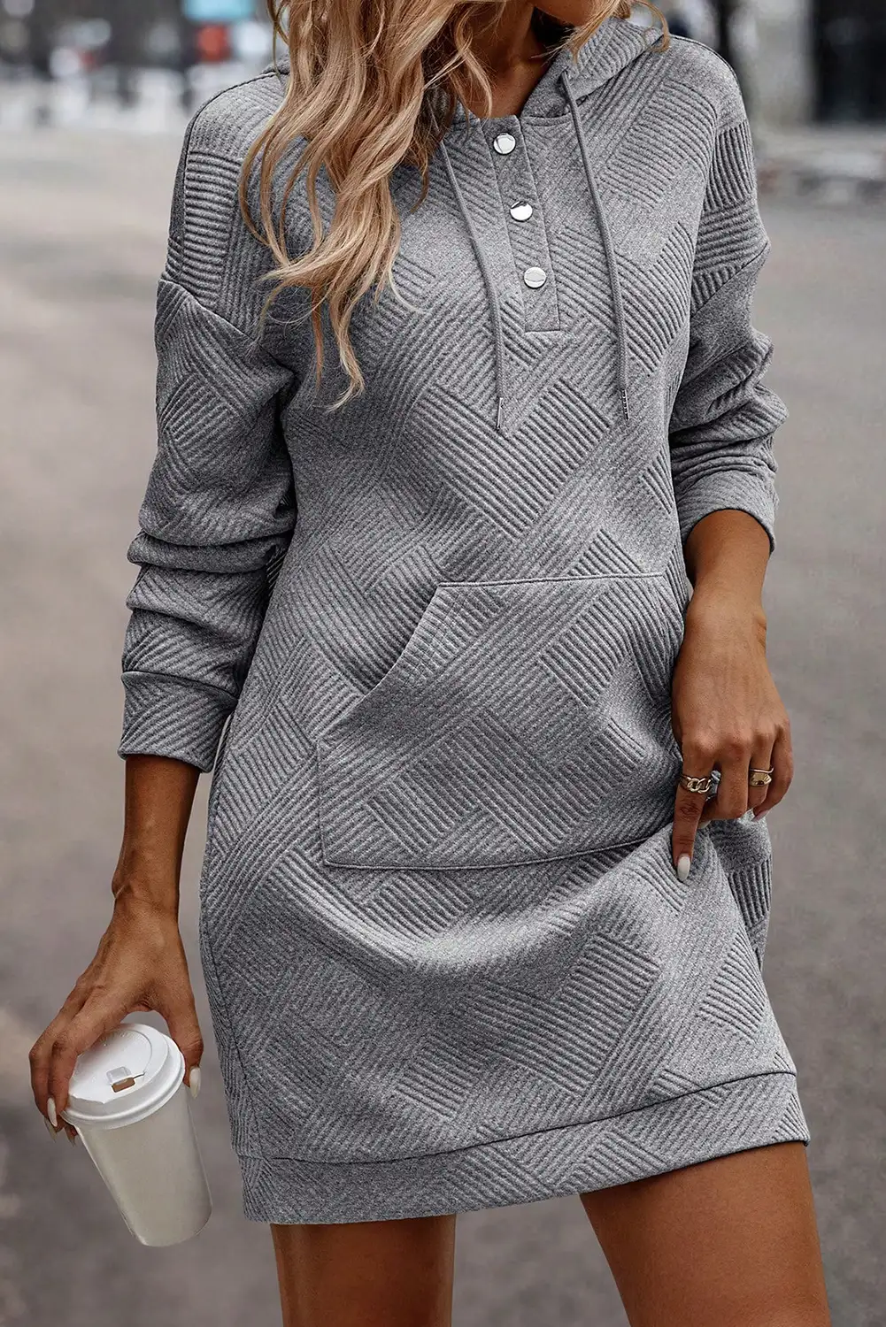 Chic Gray Textured Kangaroo Hooded Mini Dress Perfect for Winter Casual — free download