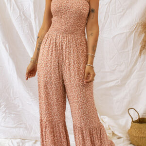 Khaki Thin Straps Smocked Bodice Wide Leg Floral Jumpsuit