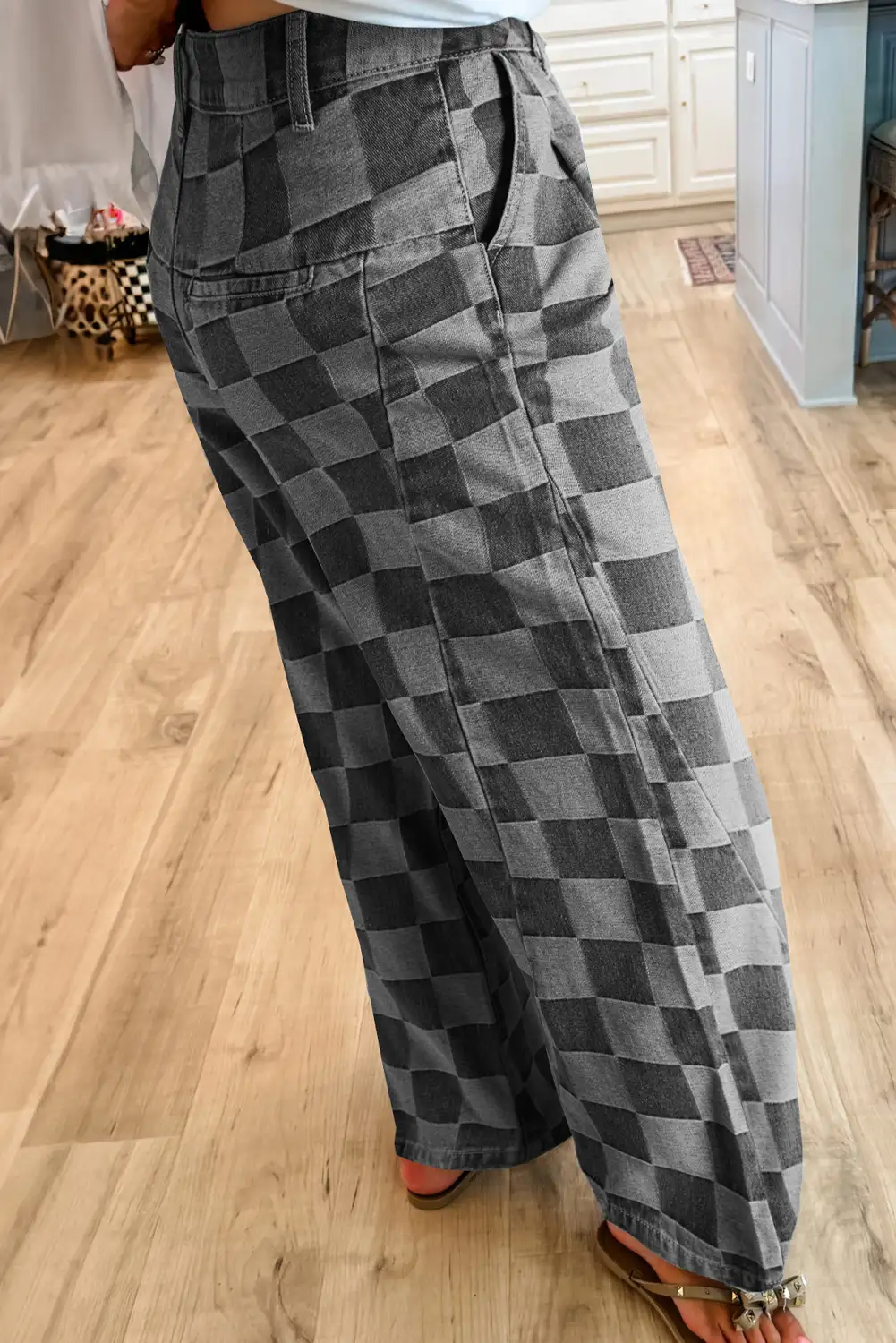 Dark Grey Checkered Denim Wide-Leg Jeans