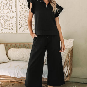 Black Textured Flutter Sleeve Top Wide Leg Pants Set