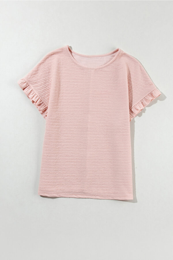 Light Pink Solid Textured Ruffled Short Sleeve Blouse - Image 20