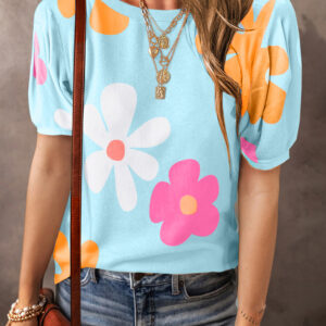 Sky Blue Flower Print Bubble Sleeve Tee