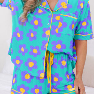 Green Flower Print Short Sleeve Shirt Pajamas Set