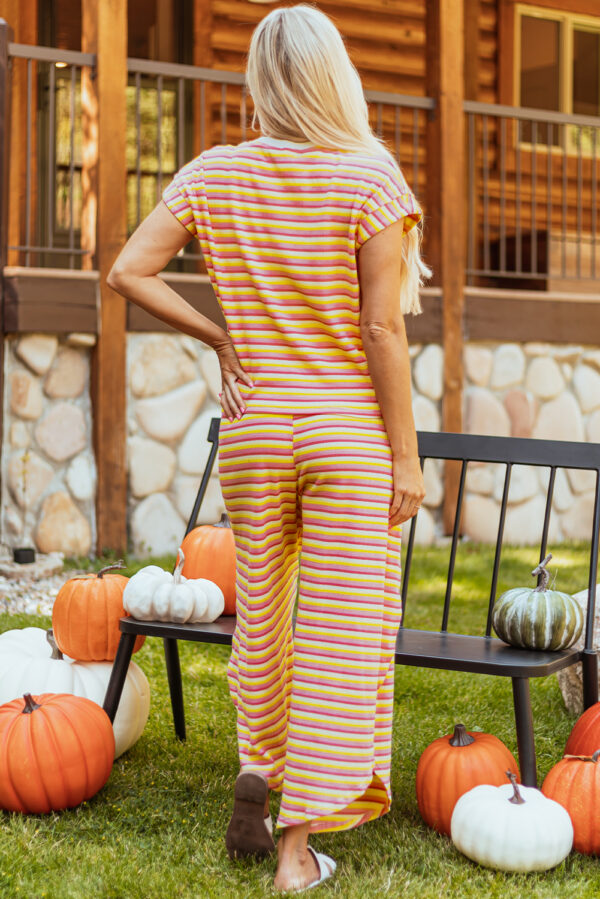 Pink Stripe Rainbow Tee Tasseled String Wide Leg Pants Set - Image 45