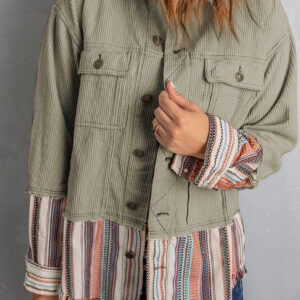Green Button Up Pockets Striped Color Block Corduroy Jacket
