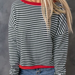 Contrast Trimmed Striped Drop Shoulder Sweater