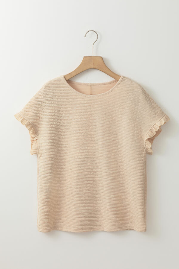 Light Pink Solid Textured Ruffled Short Sleeve Blouse - Image 31