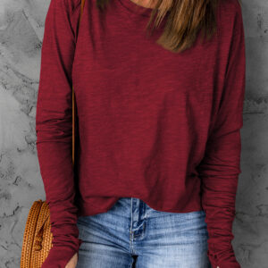 Fiery Red Solid Crew Neck Long Sleeve Top